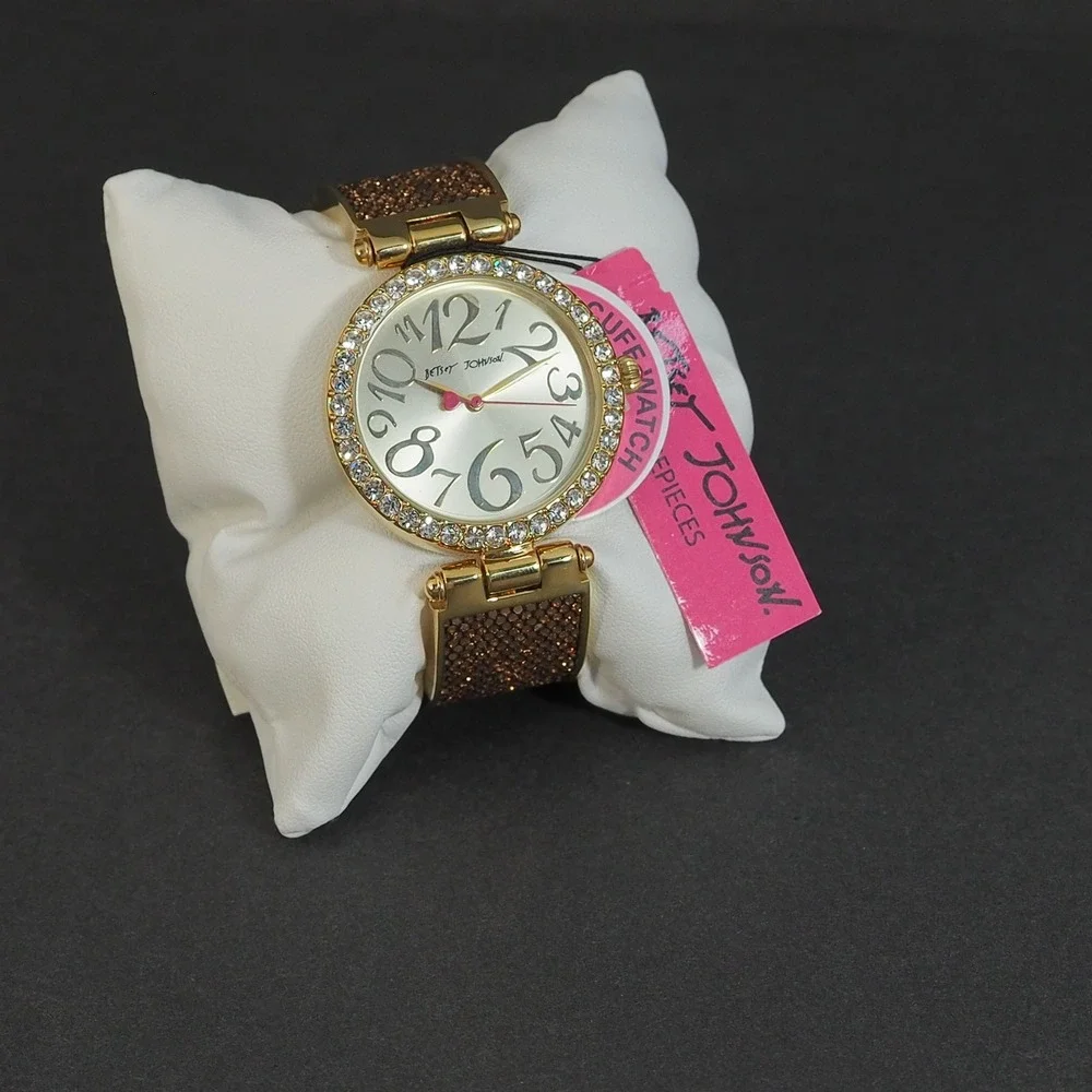 Betsey Johnson Watch Gold Glitter Cuff Rhinestone Bezel Glam Bling Statement